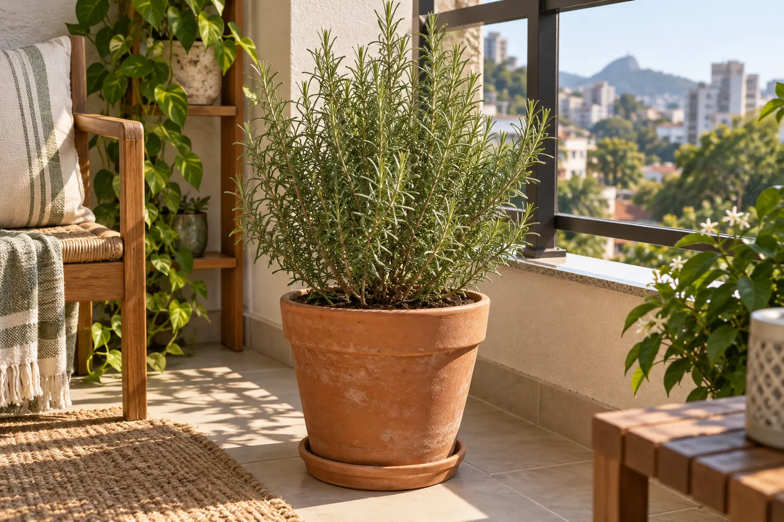 Alecrim em vaso de terracota em uma varanda iluminada pelo sol.