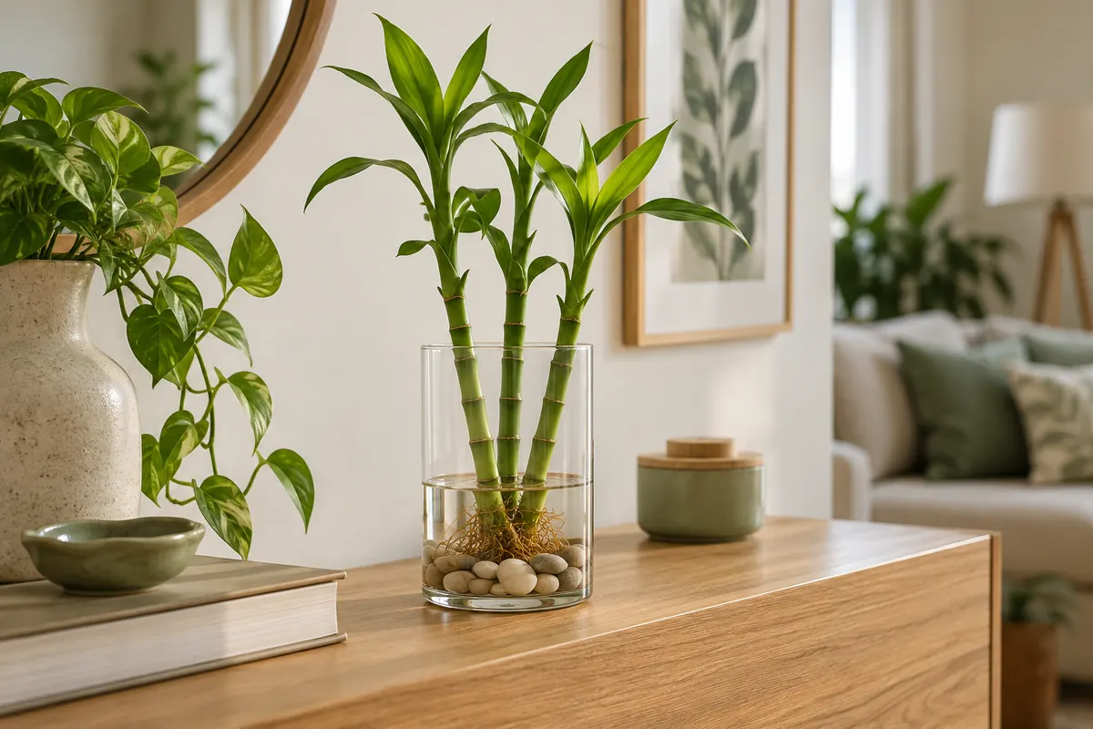 Bambu-da-sorte com raízes na água em recipiente de vidro com pedras de apoio