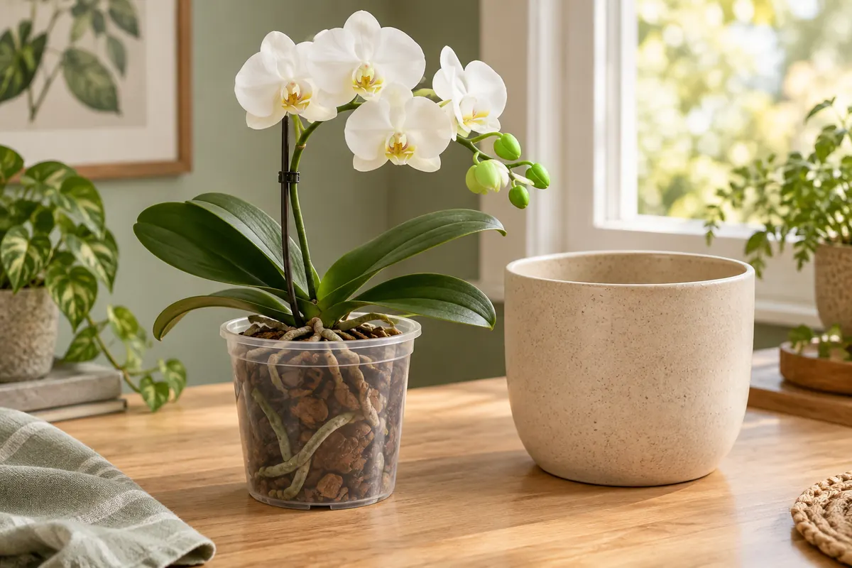Orquídea branca em vaso transparente ao lado de um cachepô cerâmico vazio