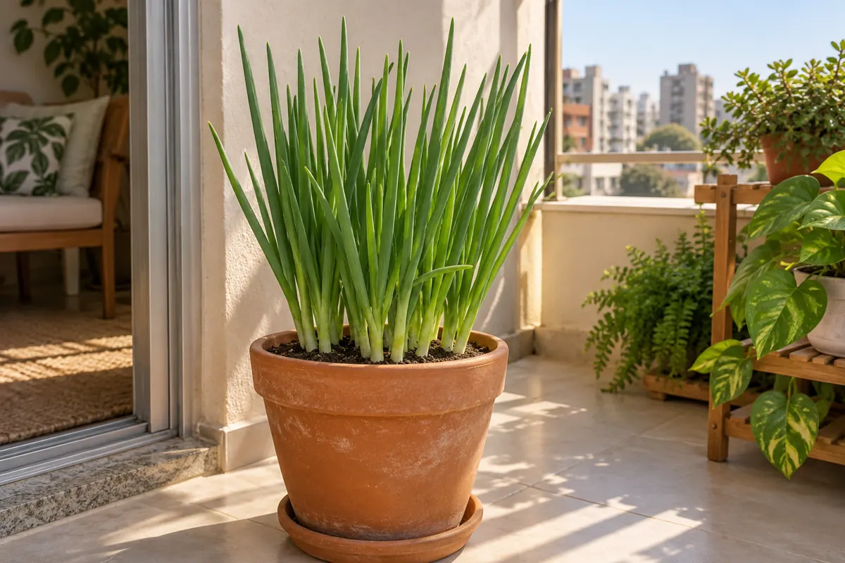 Cebolinha-verde em vaso de terracota numa varanda ensolarada.