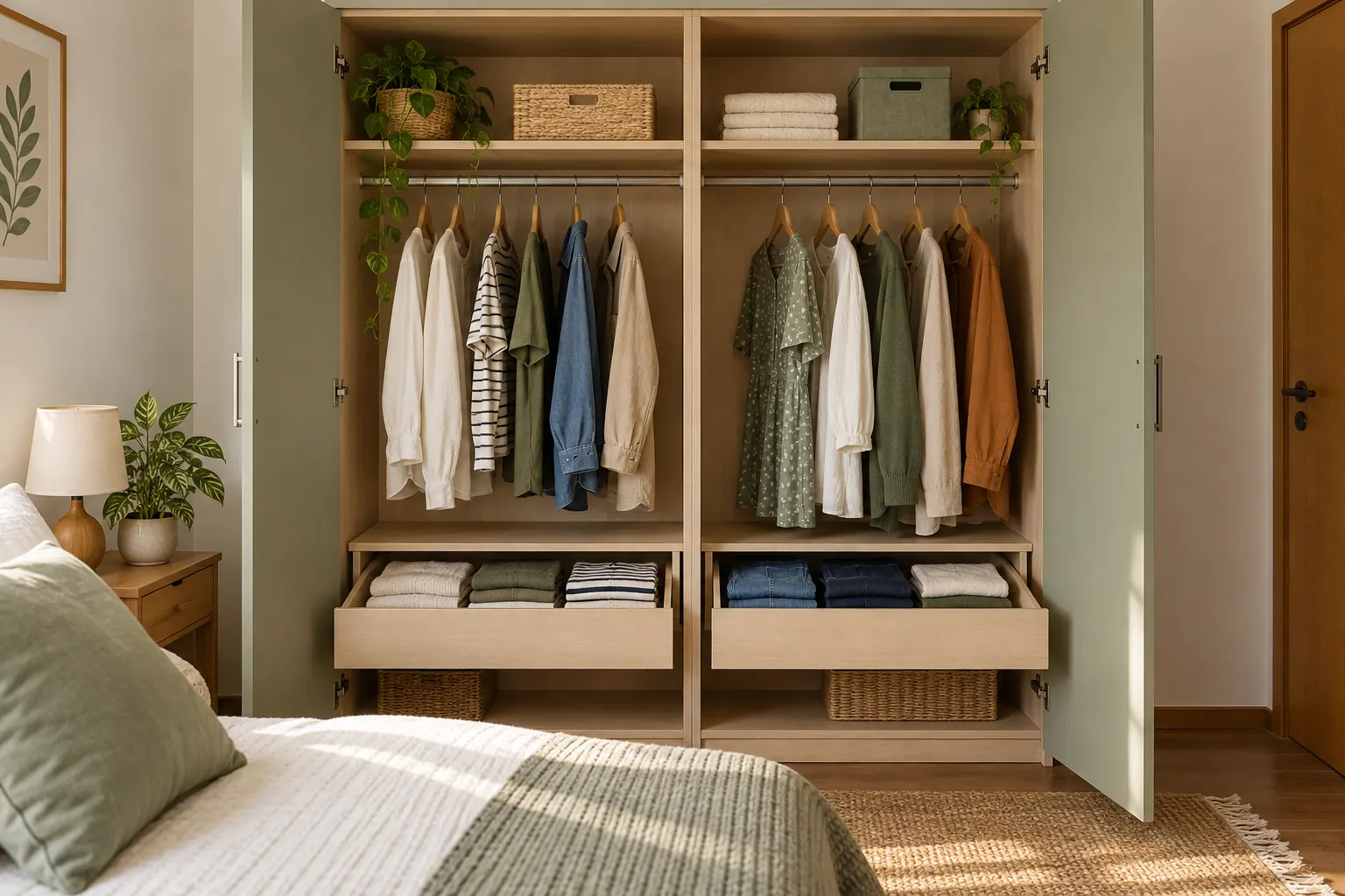Guarda-roupa compartilhado com roupas penduradas em dois setores e peças dobradas nas gavetas.