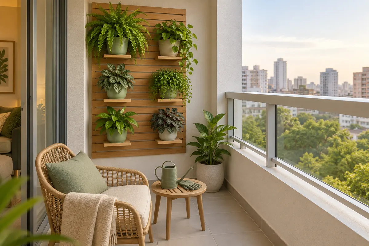 Jardim vertical com vasos em painel de madeira dentro de uma varanda pequena