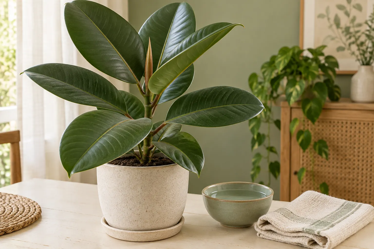 Ficus de folhas largas ao lado de uma tigela de água e um pano macio.