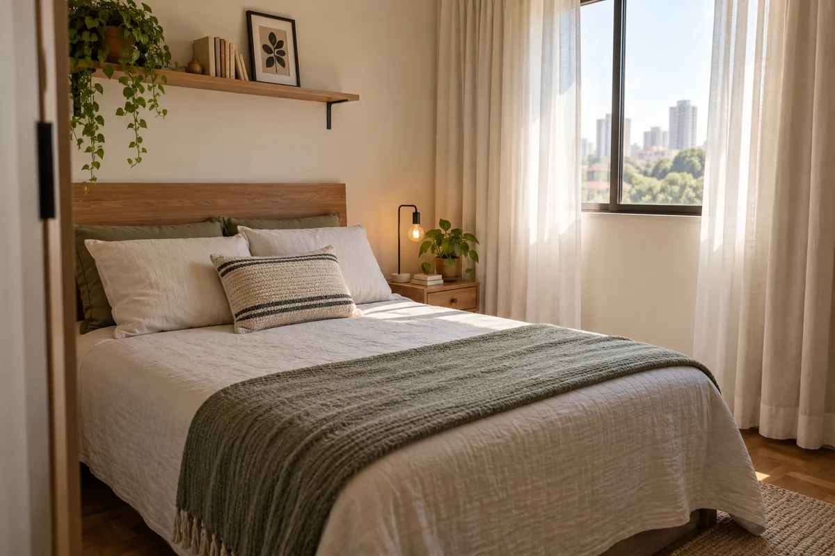 Cortina para quarto pequeno em tecido claro ao lado de uma cama compacta