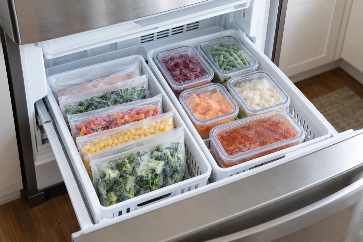 Organizador de freezer com cestos removíveis e embalagens separadas por grupos