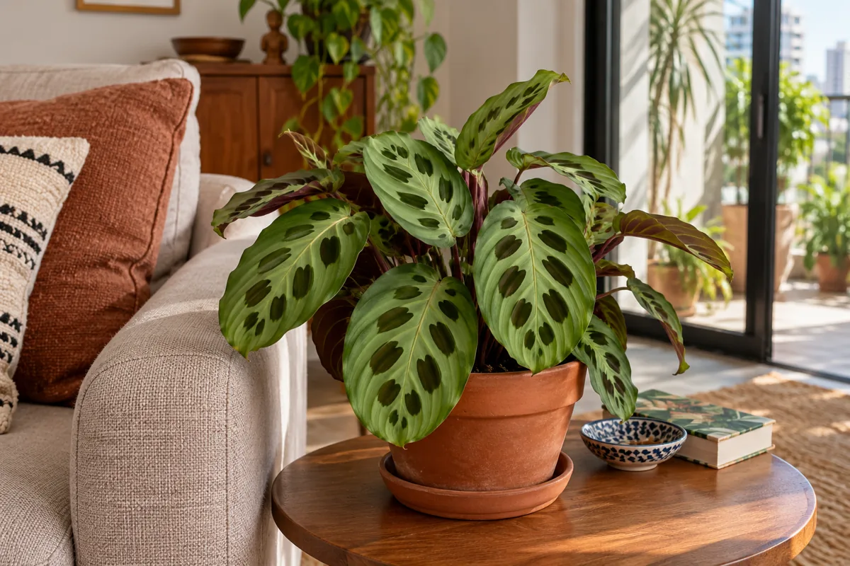 Maranta barriga-de-sapo em vaso com folhas verdes e manchas escuras naturais