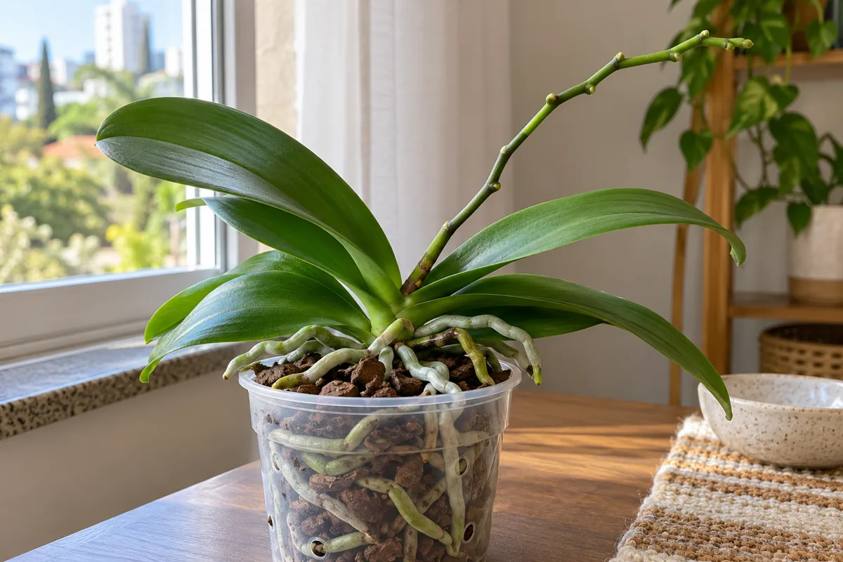 Orquídea depois da floração com folhas verdes e haste sem flores junto à janela