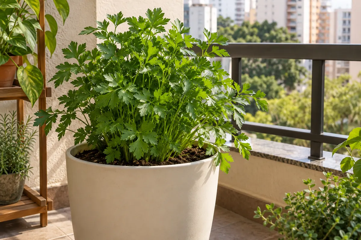Salsinha de folhas lisas cultivada em vaso profundo numa varanda.