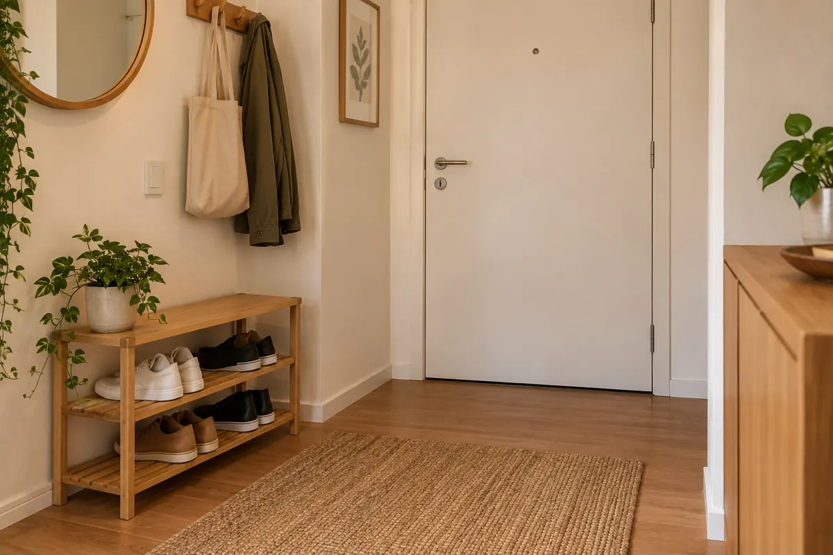 Sapateira baixa com poucos pares ao lado da porta de um apartamento.