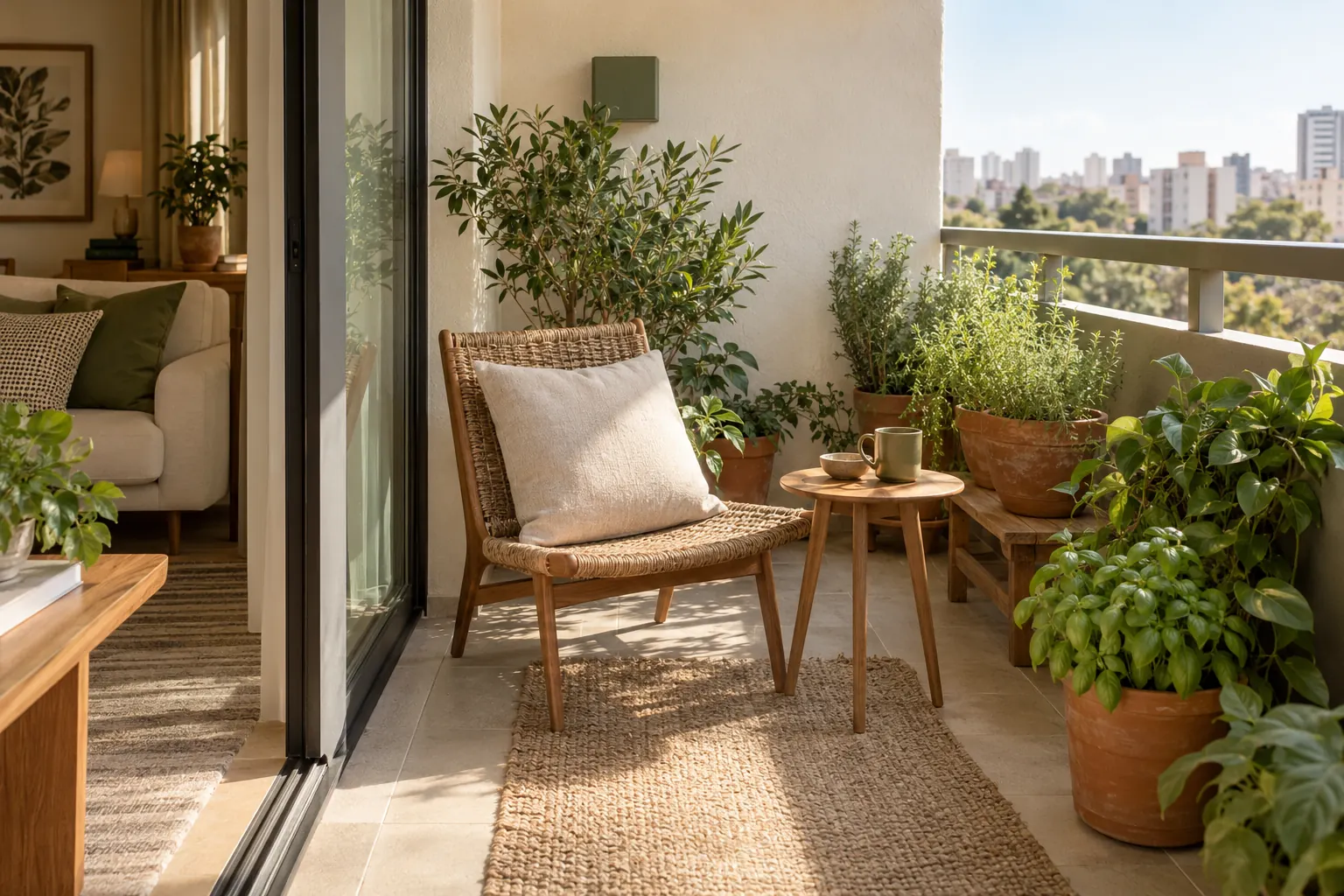 Varanda pequena com plantas em vasos e cadeira de madeira