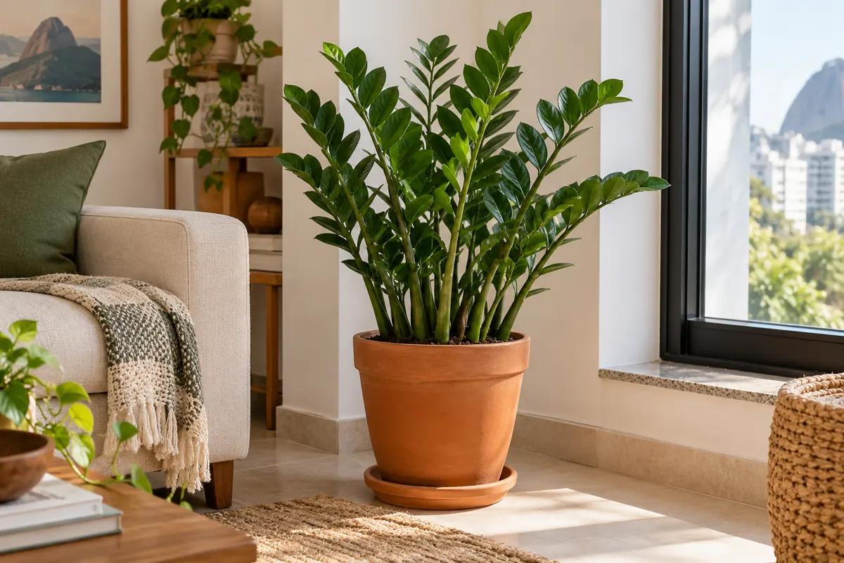 Zamioculca em vaso de terracota em uma sala com luz indireta.